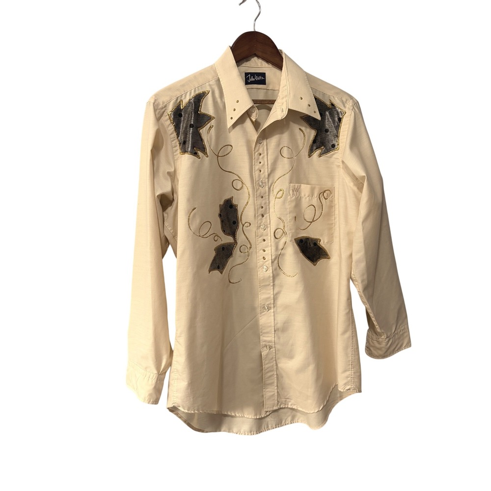 Vintage John Weitz Western Shirt Cream Gold Metallic design painted